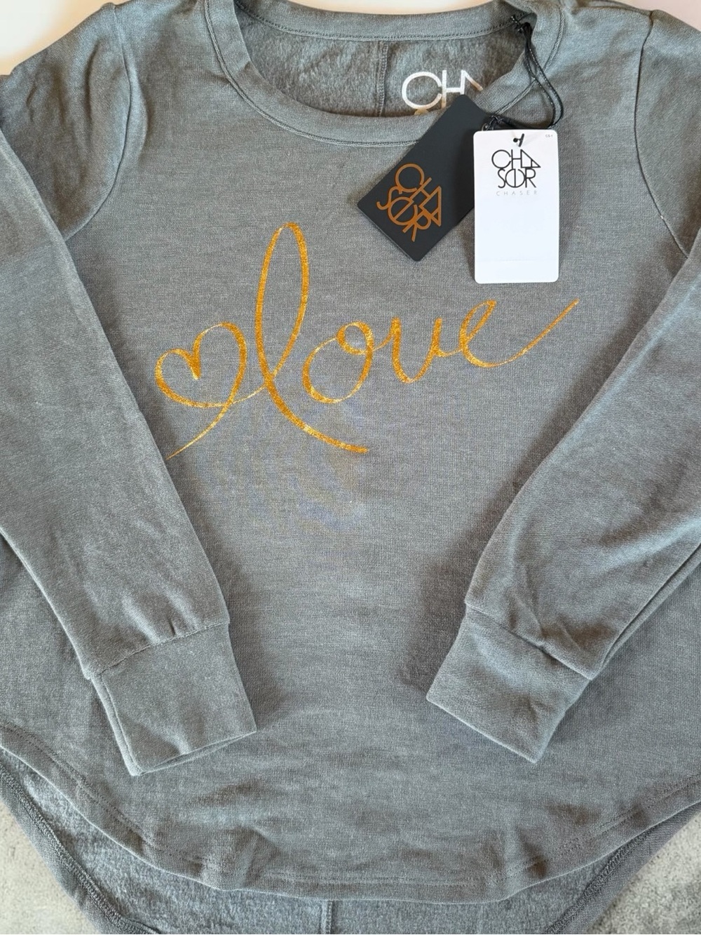 Chaser Gray Crewneck Lightweight Sweatshirt with Gold 'love' Script